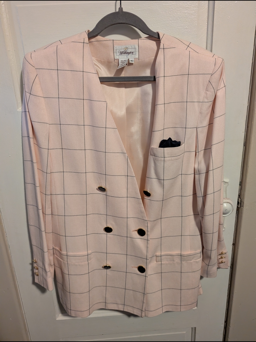 Vintage Preppy Collegiate Pale Pink Windowpane Double-Breasted Blazer Plus Size